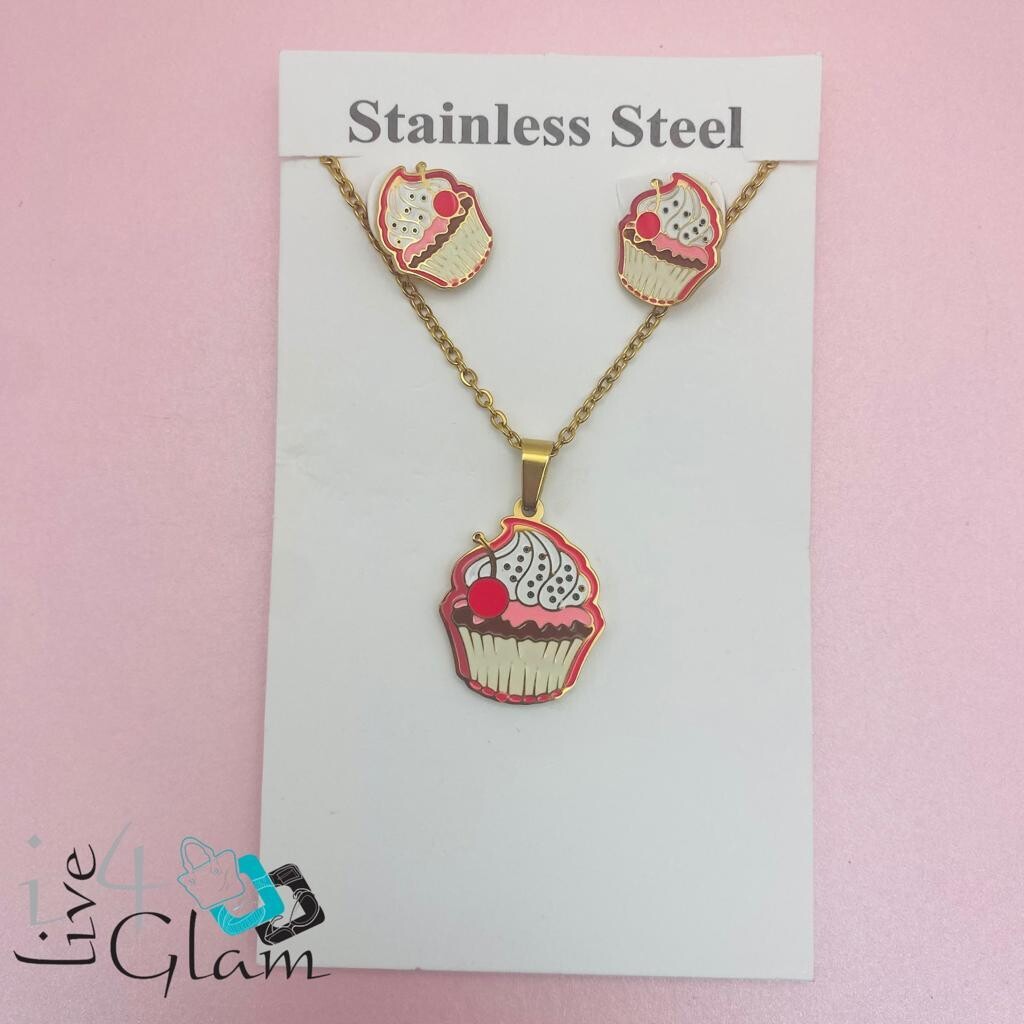 Stainless Steel Cupcake Kids Necklace and Earring Set