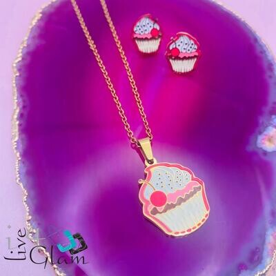 Stainless Steel Cupcake Kids Necklace and Earring Set