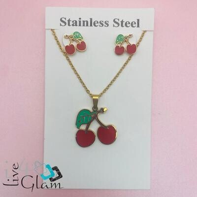 Stainless Steel Cherry Kids Necklace and Earring Set