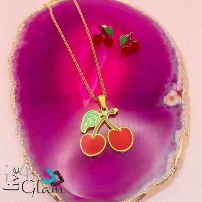 Stainless Steel Cherry Kids Necklace and Earring Set