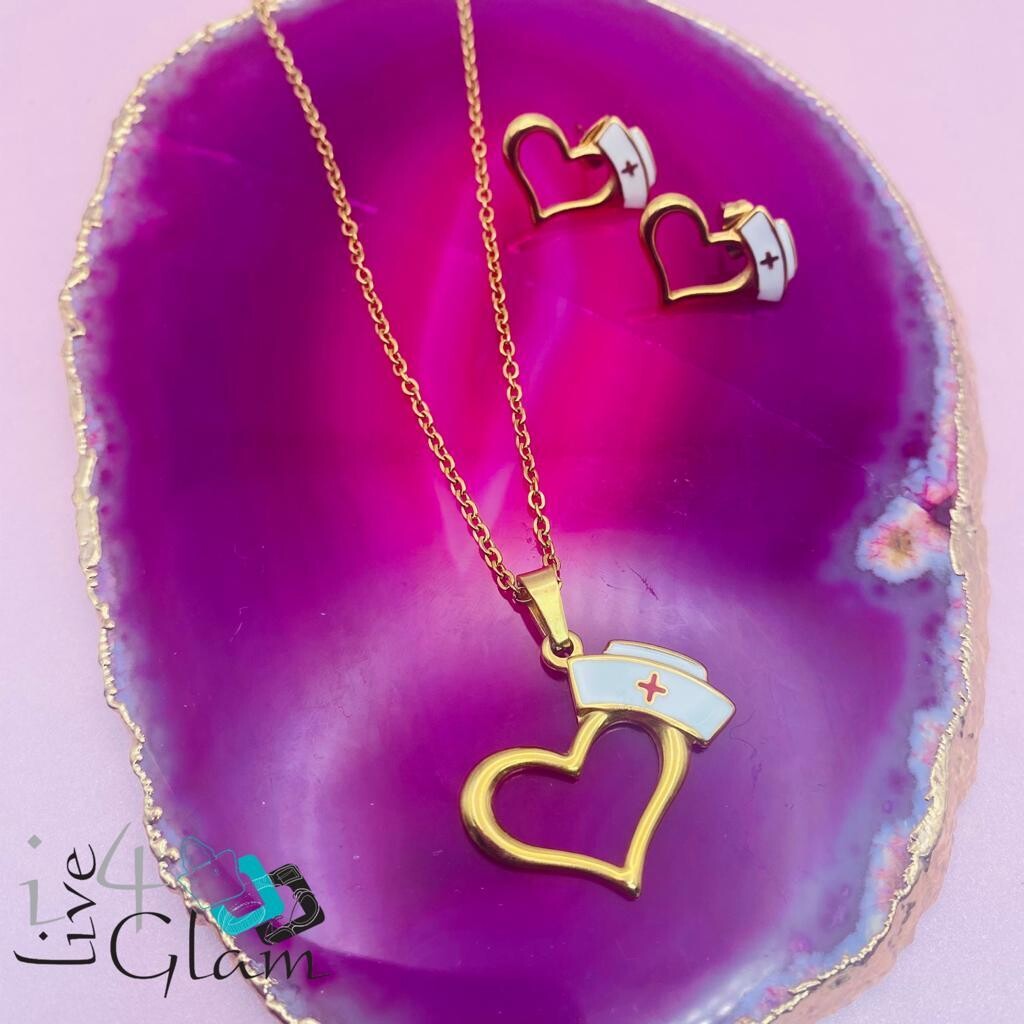 Stainless Steel Nurse and Heart Kids Necklace and Earring Set