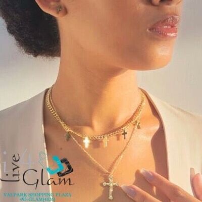 Stainless Steel  Cross Cuban Two Layer Chain Set