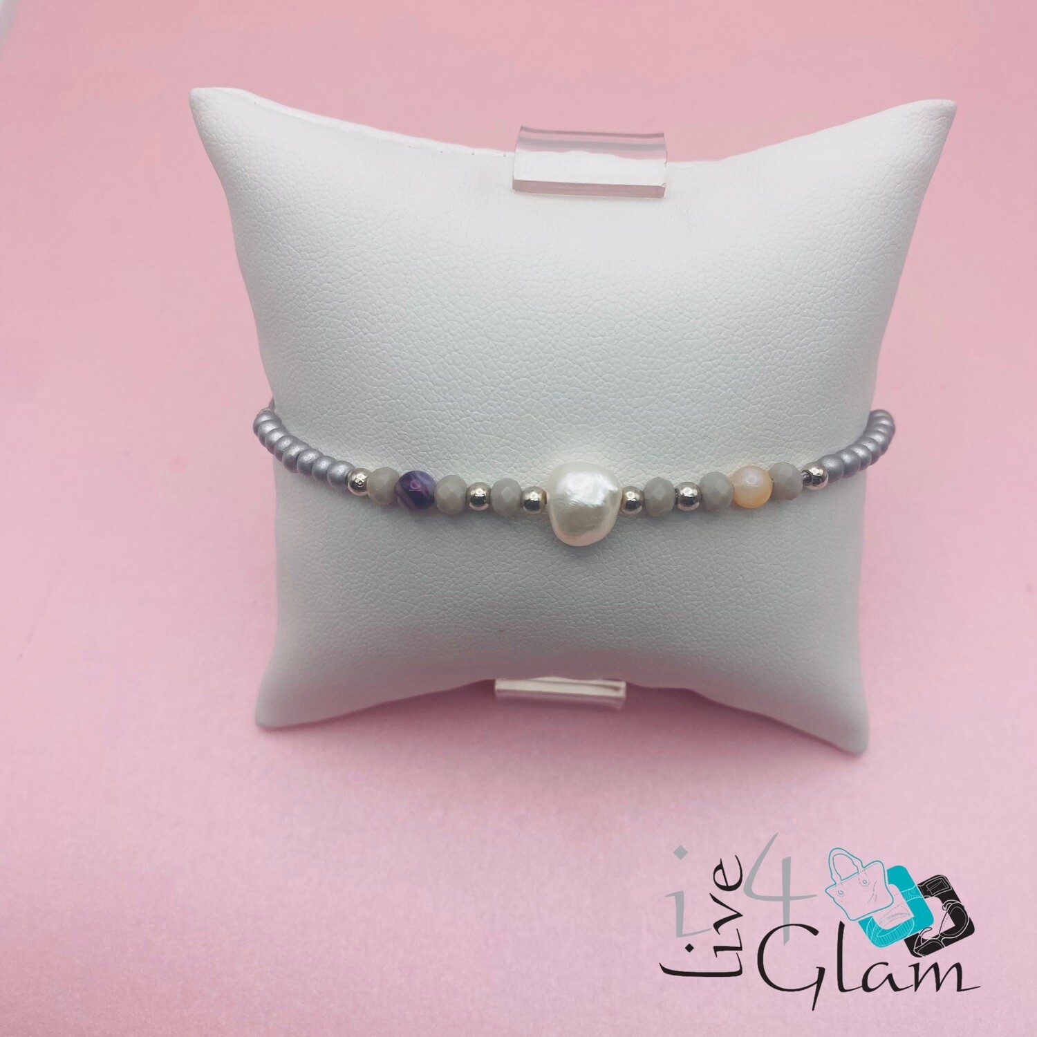 Single Pearl and Gemstone Pull String Bracelet , Color: Gray