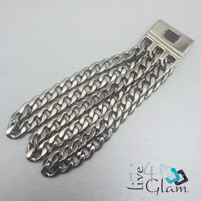 Stainless Steel Silver Cuban Three Row Hand Band