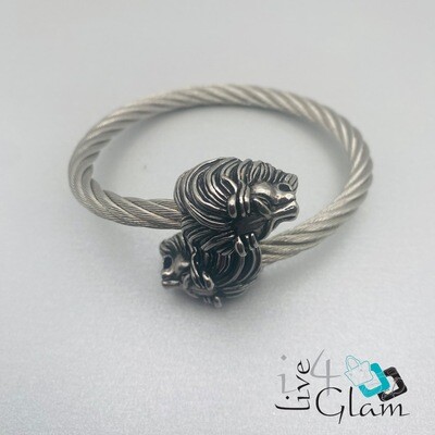 Stainless Steel Silver Cable Lion Head Hand Band