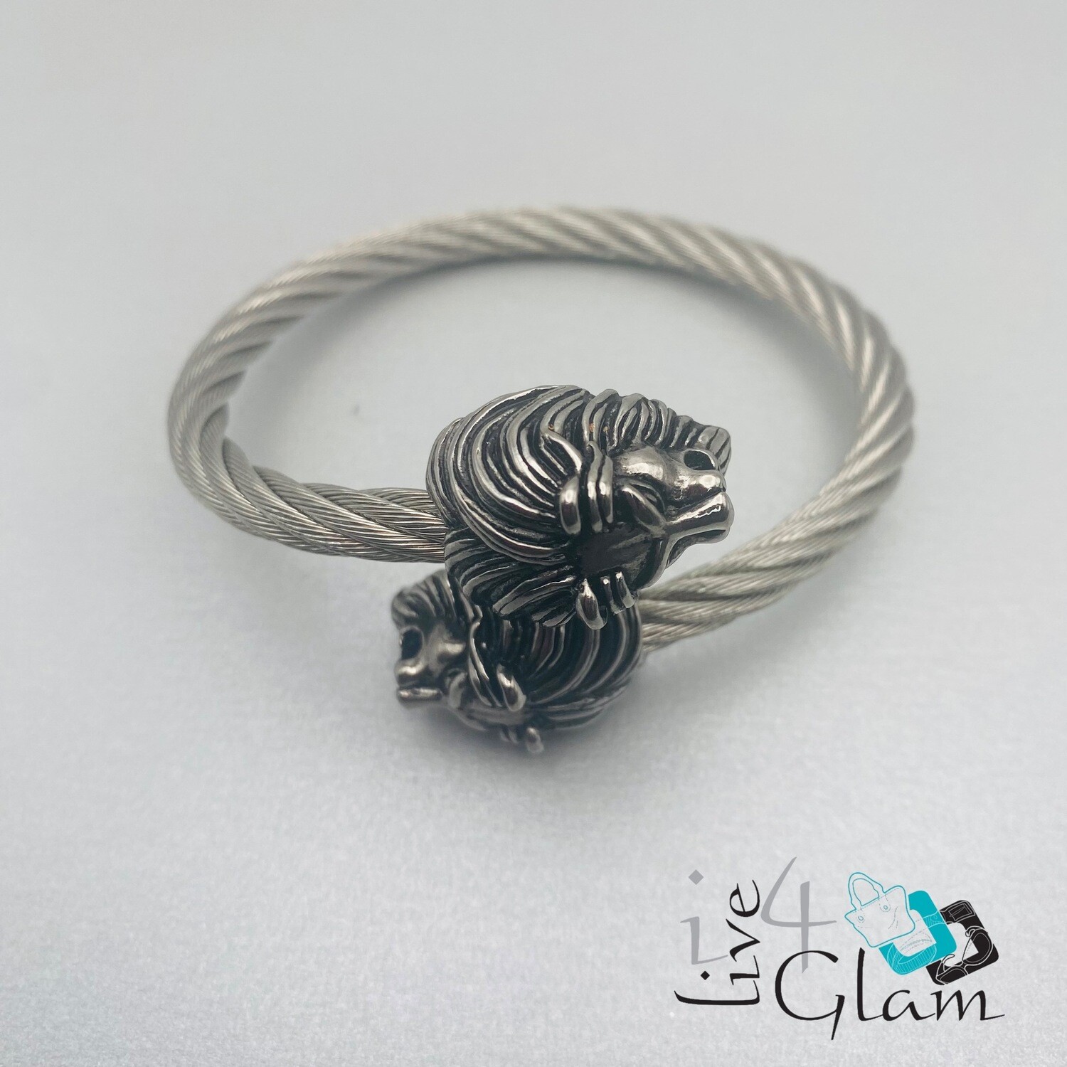 Stainless Steel Silver Cable Lion Head Hand Band