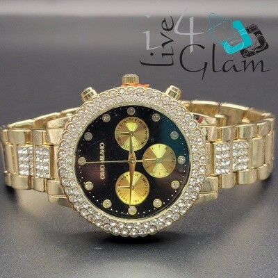 Gold/Blackface Cz 3 Dial Watch