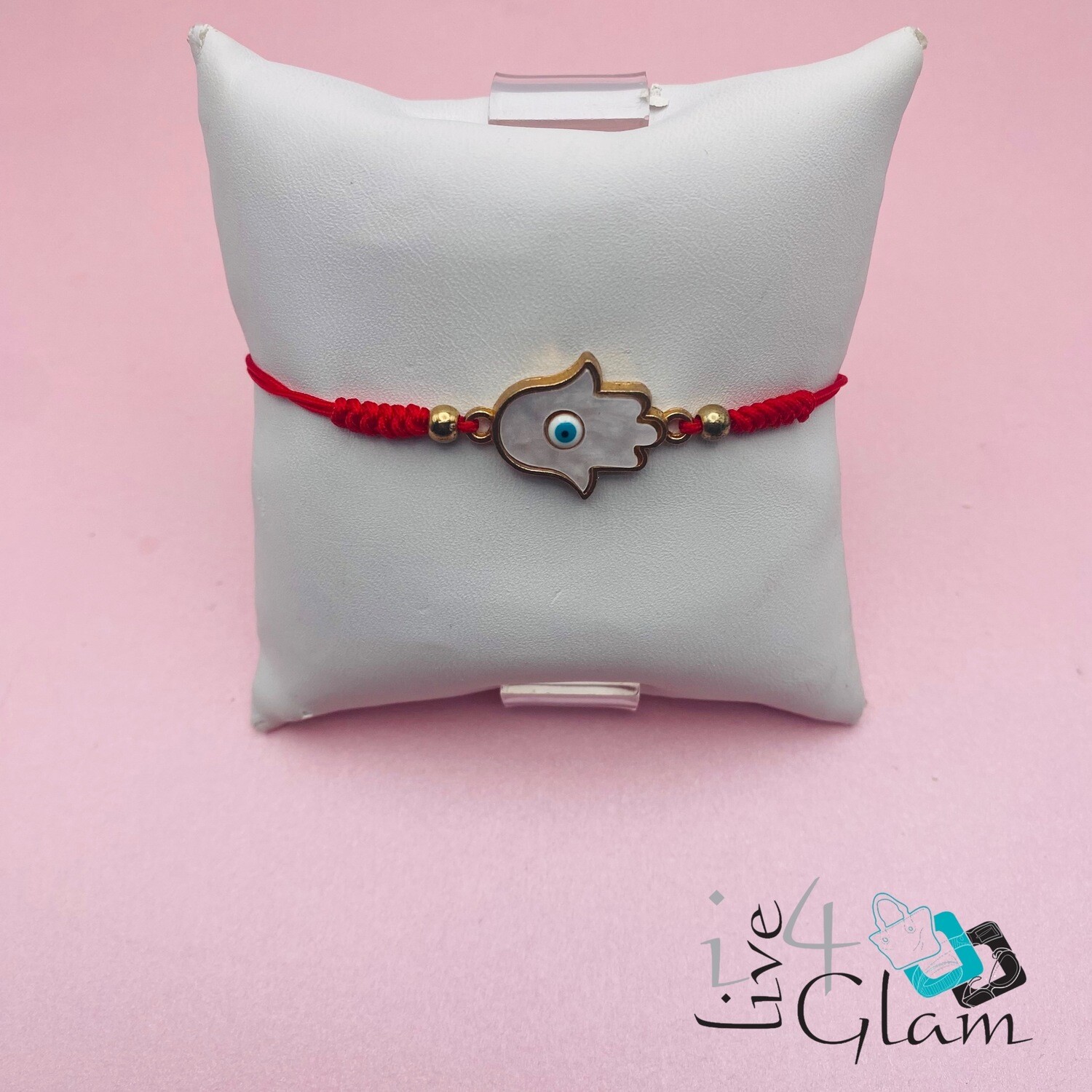 Hamsa Mother of Pearl with Eye String Bracelet, Color: Red