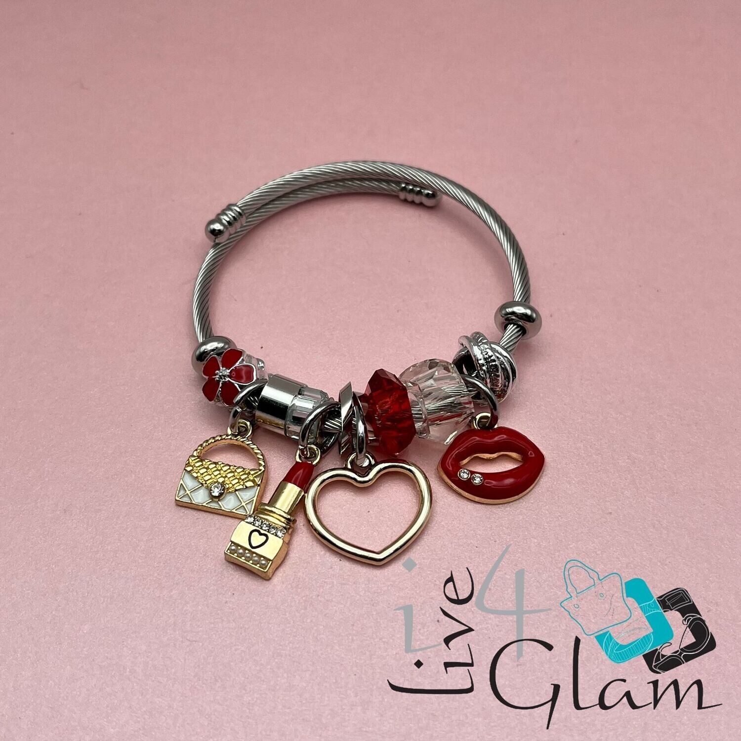 Stainless Steel Lipstick Charm Bracelet, Color: Red