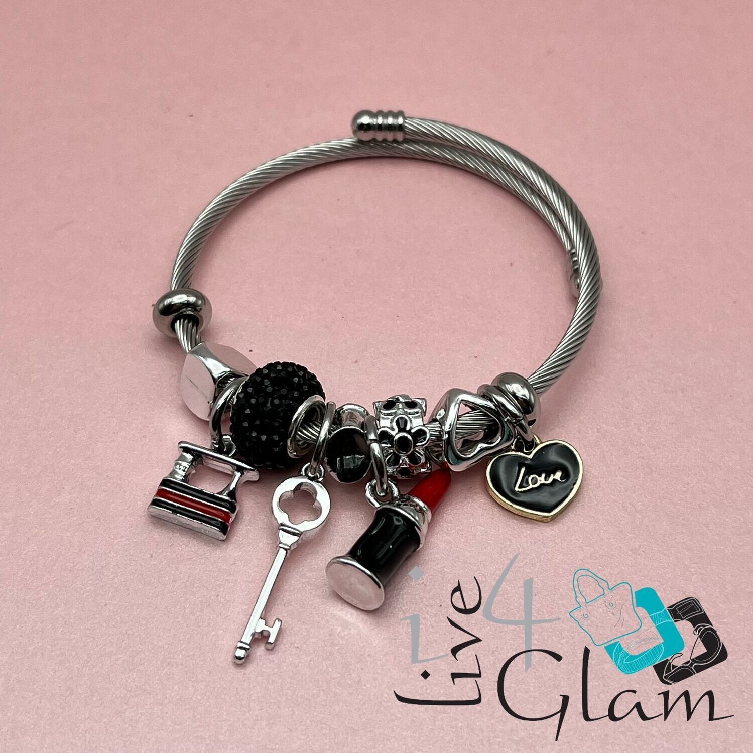 Stainless Steel Key Charm Bracelet, Color: Black
