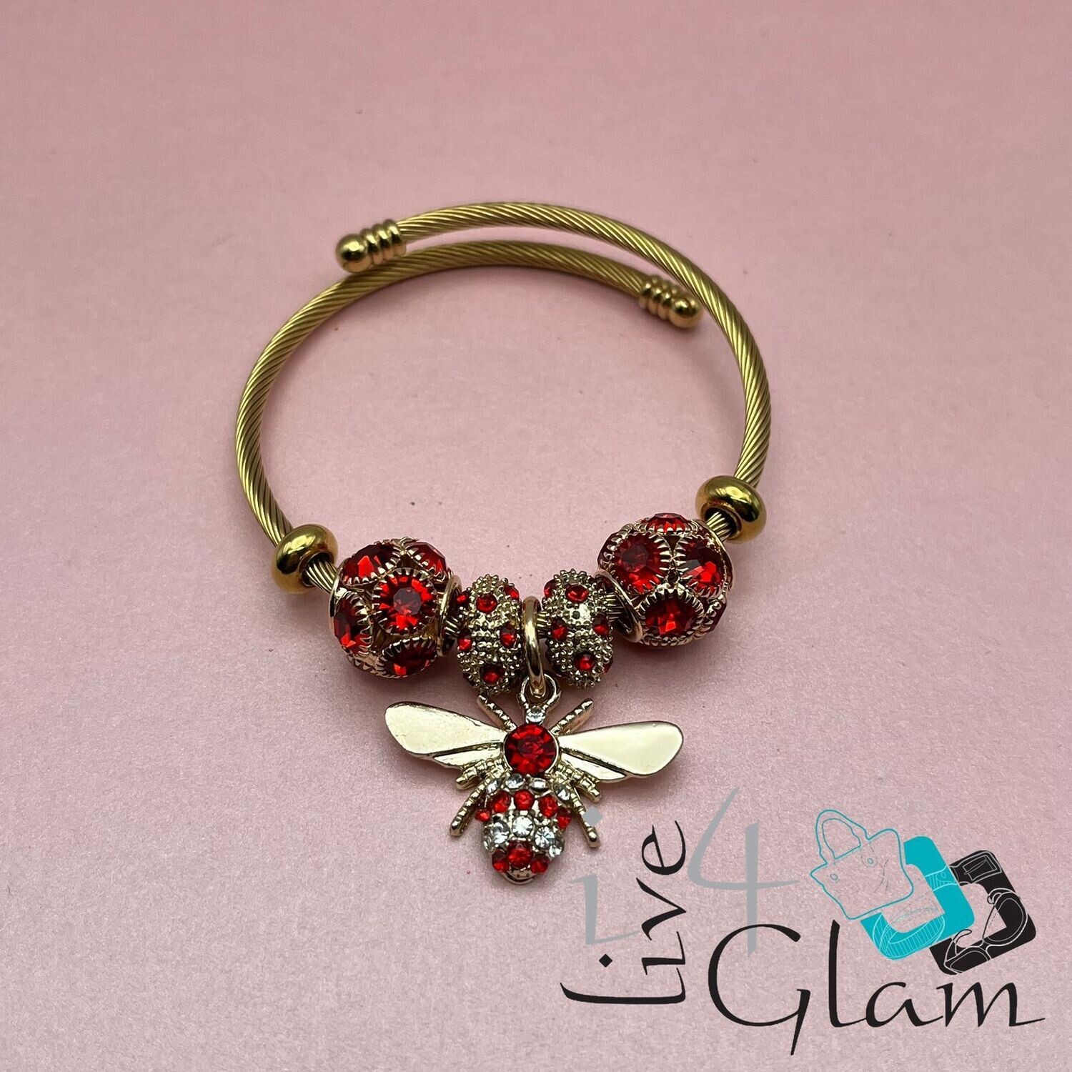 Stainless Steel Gold Bee Charm Bracelet, Color: Red