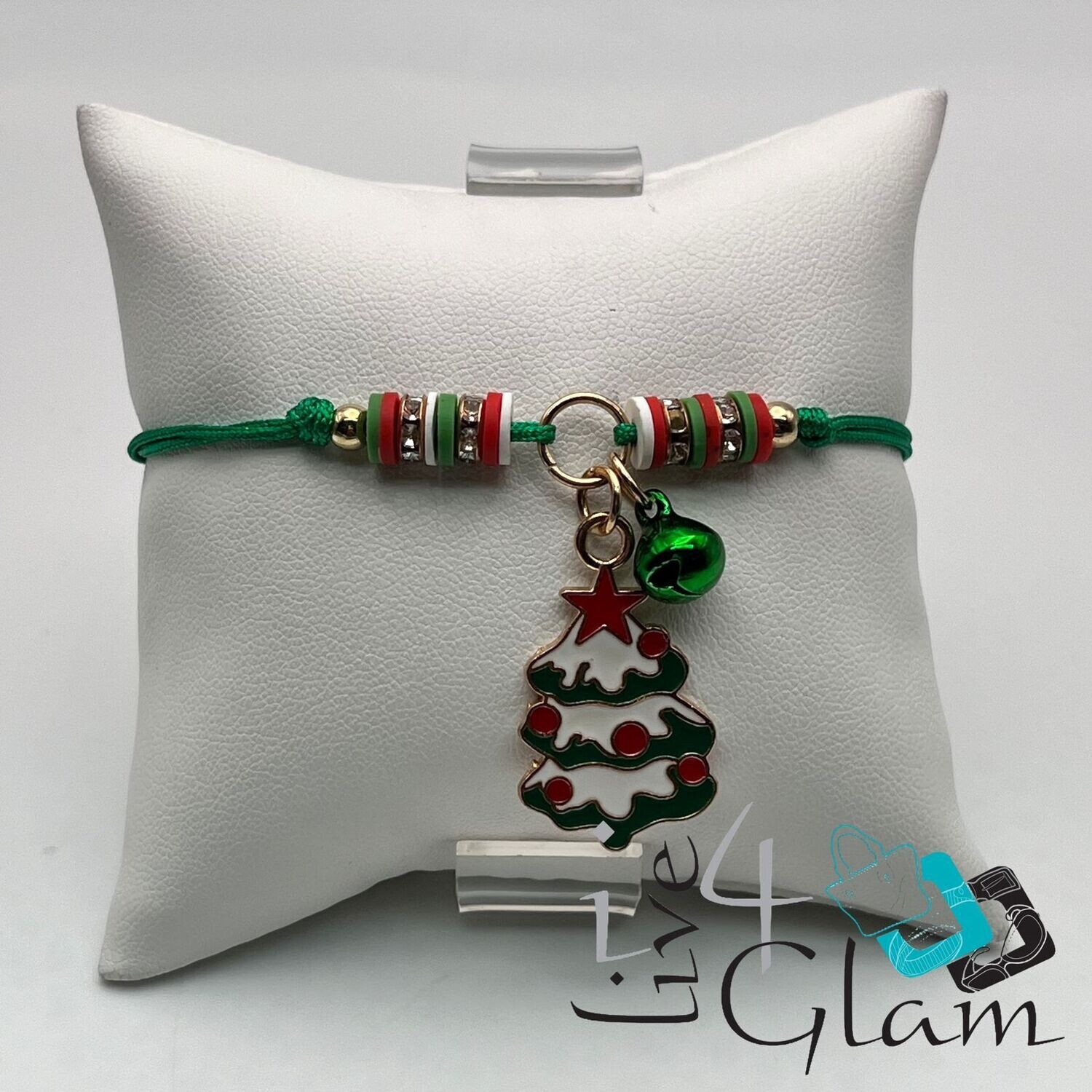 Snowy Christmas Tree Pull String Bracelet w Bell