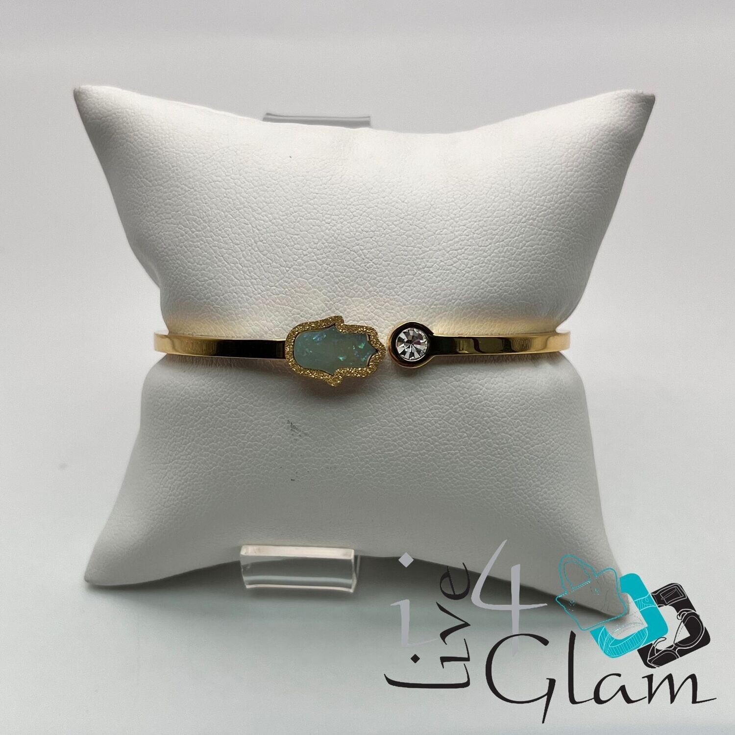Stainless Steel Light Blue Hamsa Hand Bangle, Color: Gold