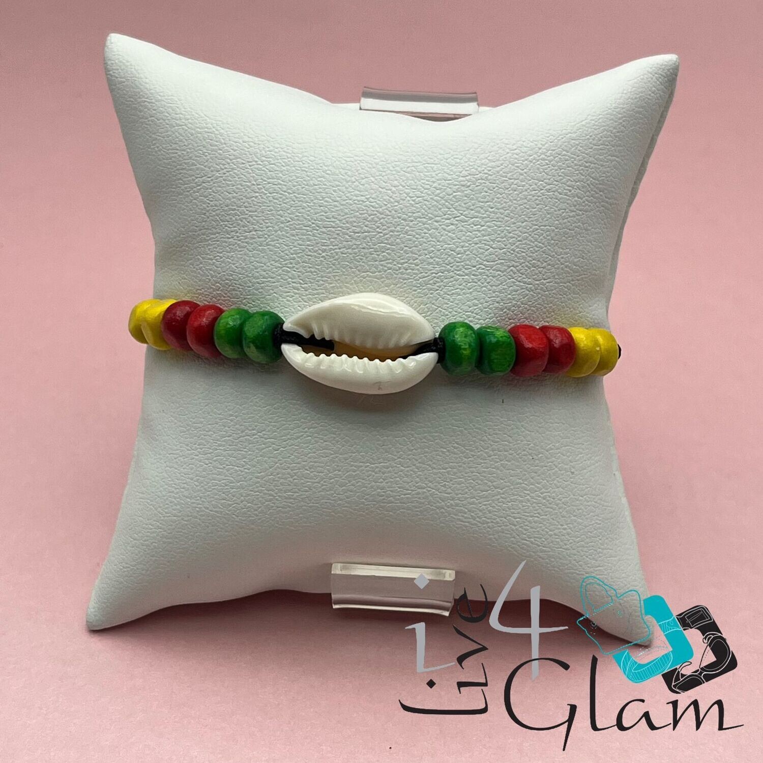 Rasta Bead w Shell Pull String Bracelet