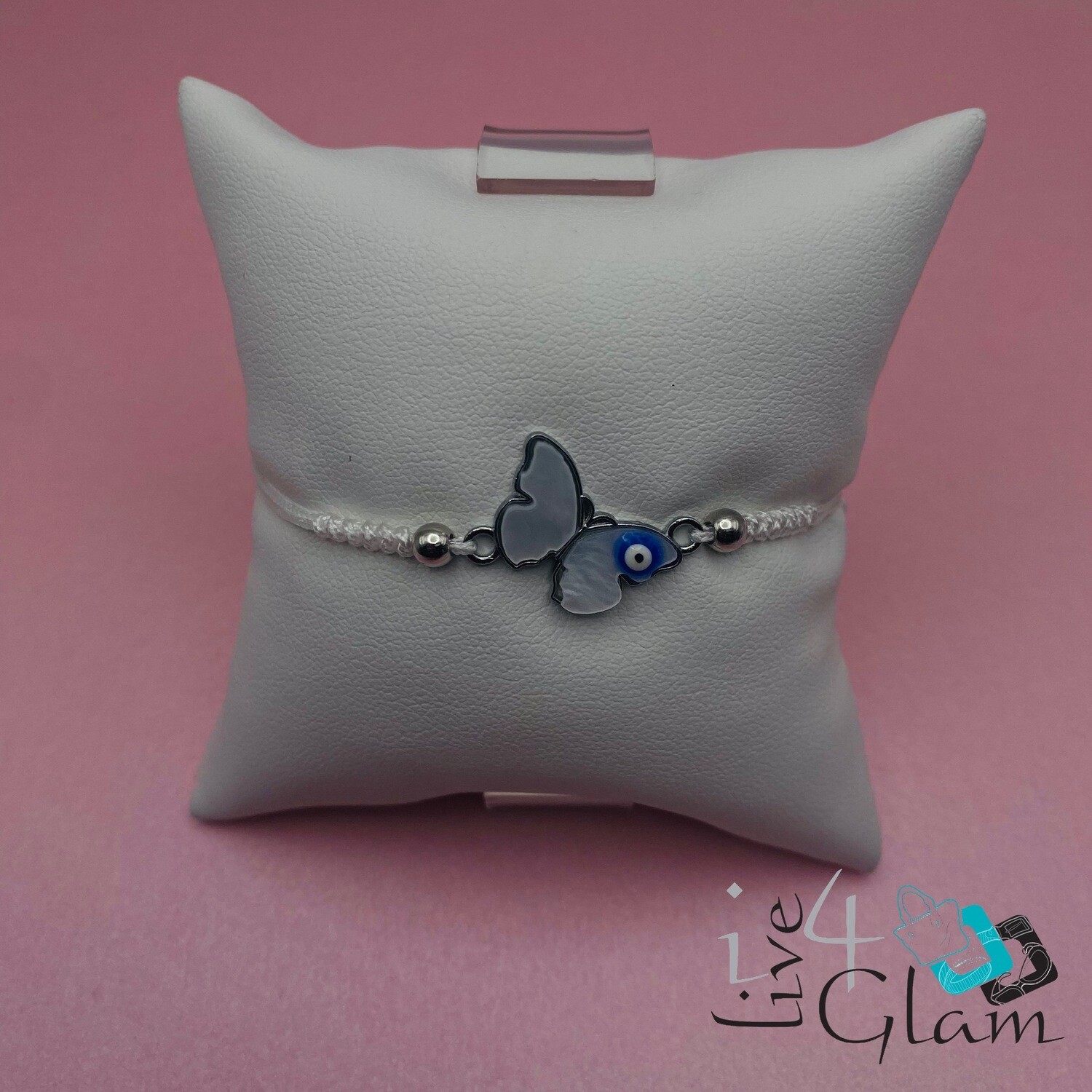 Silver Butterfly w Eye Pull String Bracelet, Color: White
