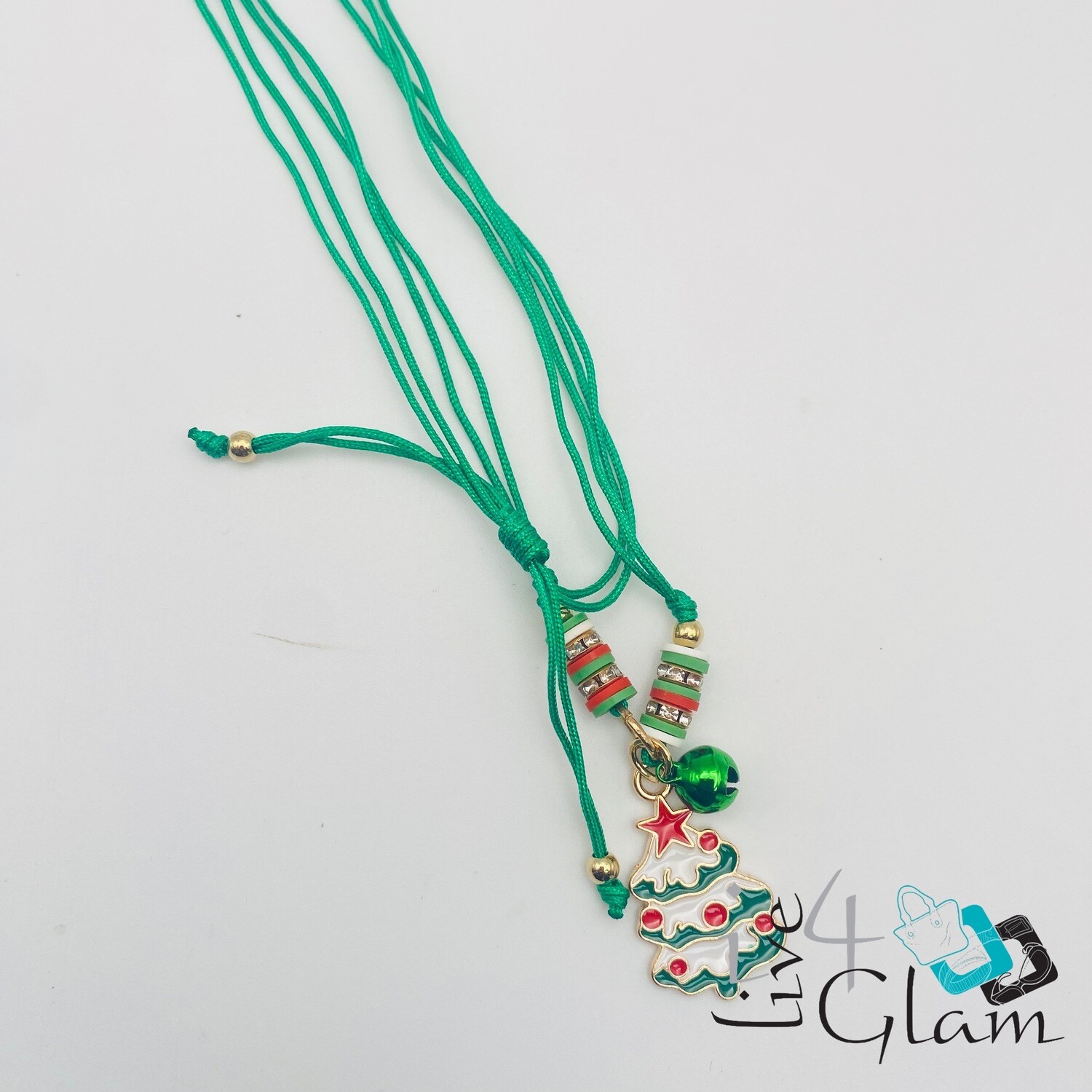 Snowy Christmas Tree Pull String Necklace w Bell