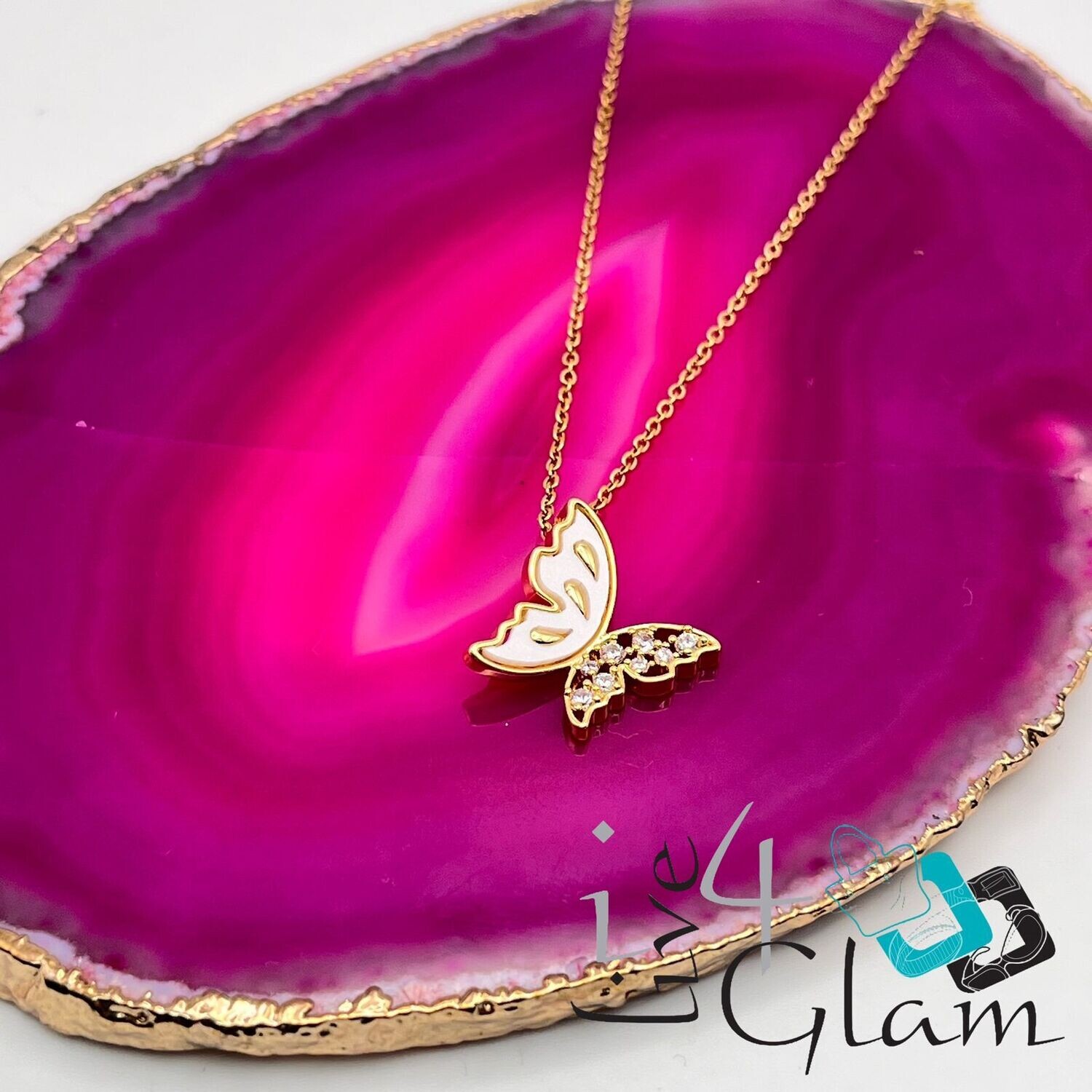 Stainless Steel Gold Mother of Pearl Butterfly w Cz Wing