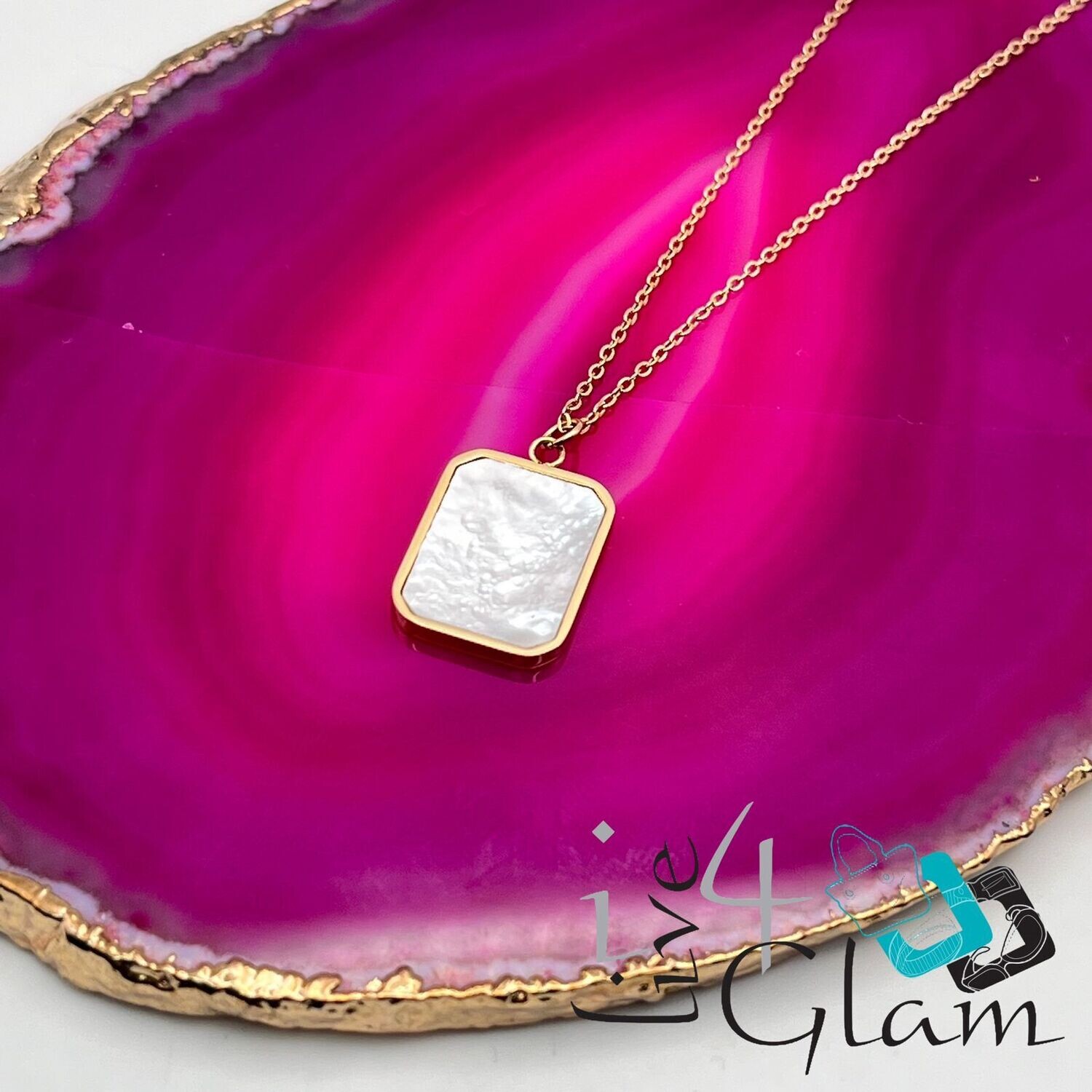 Stainless Steel Gold Mother of Pearl Elegant Rectangle Necklace