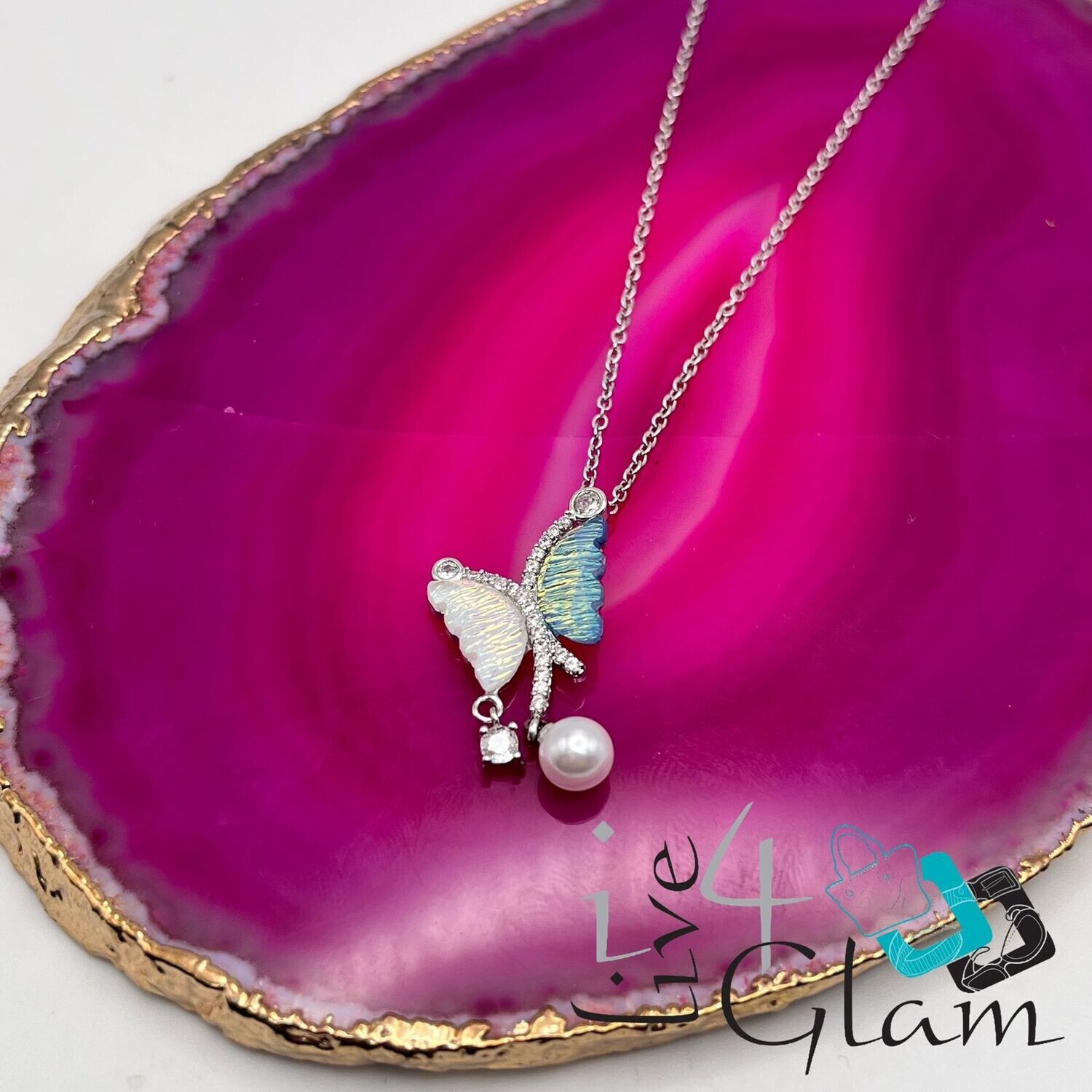 Stainless Steel Iridescent Butterfly w Pearl Necklace Silver