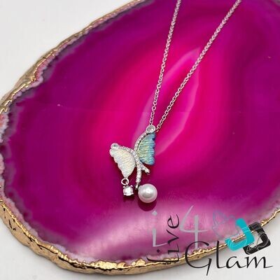 Stainless Steel Iridescent Butterfly w Pearl Necklace Silver