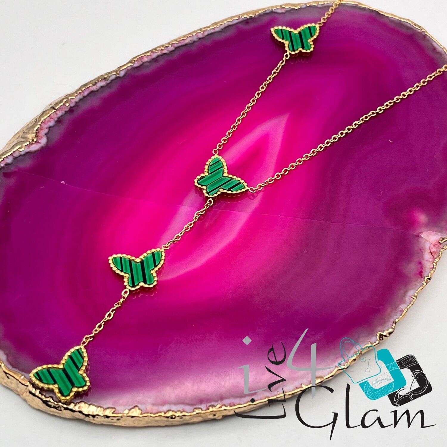 Stainless Steel Green Dangling Butterfly Necklace Gold
