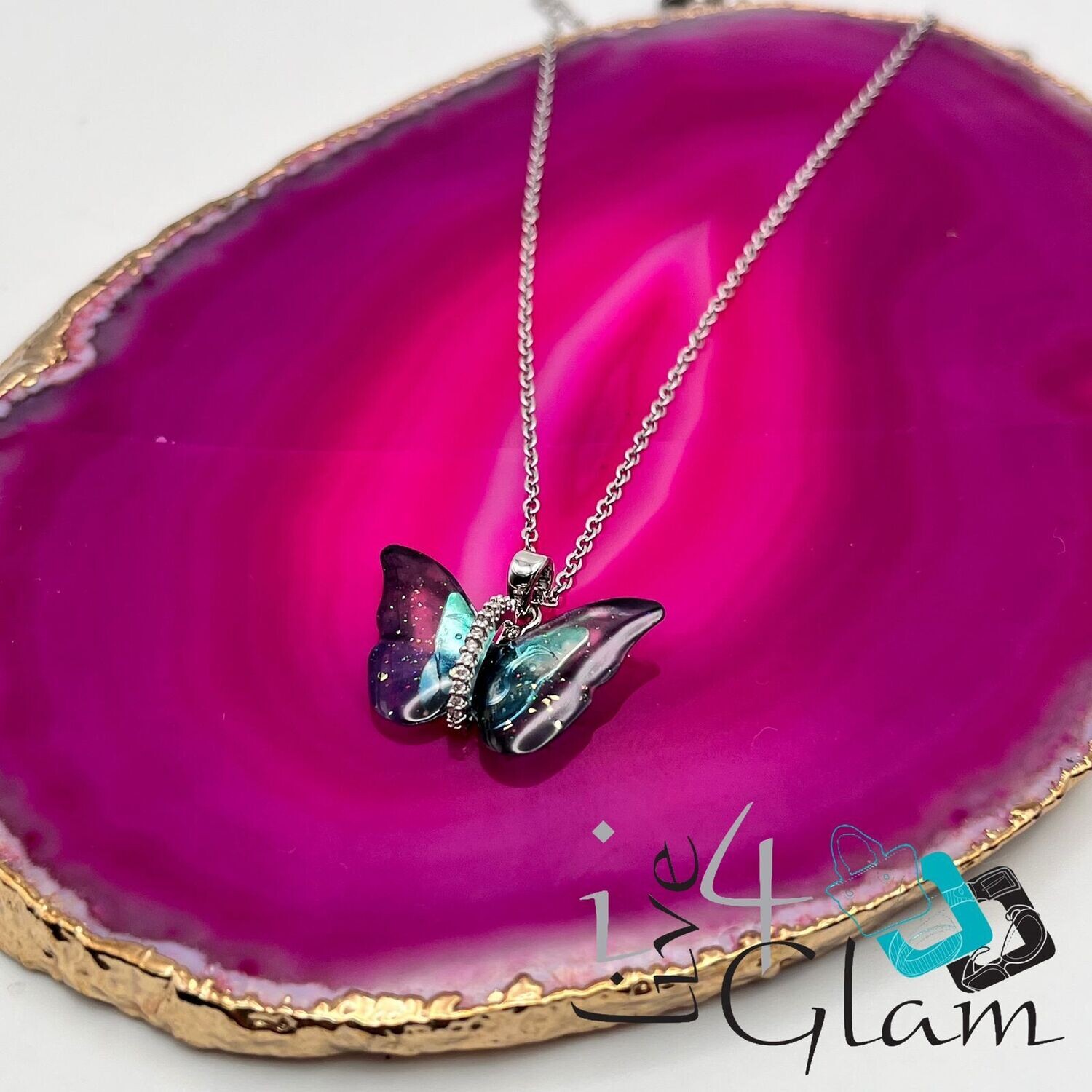 Stainless Steel Green Gradient Butterfly Necklace Silver