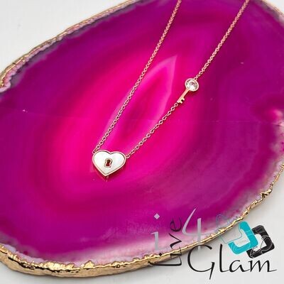 Stainless Steel Rose Gold Mother of Pearl Heart w Key