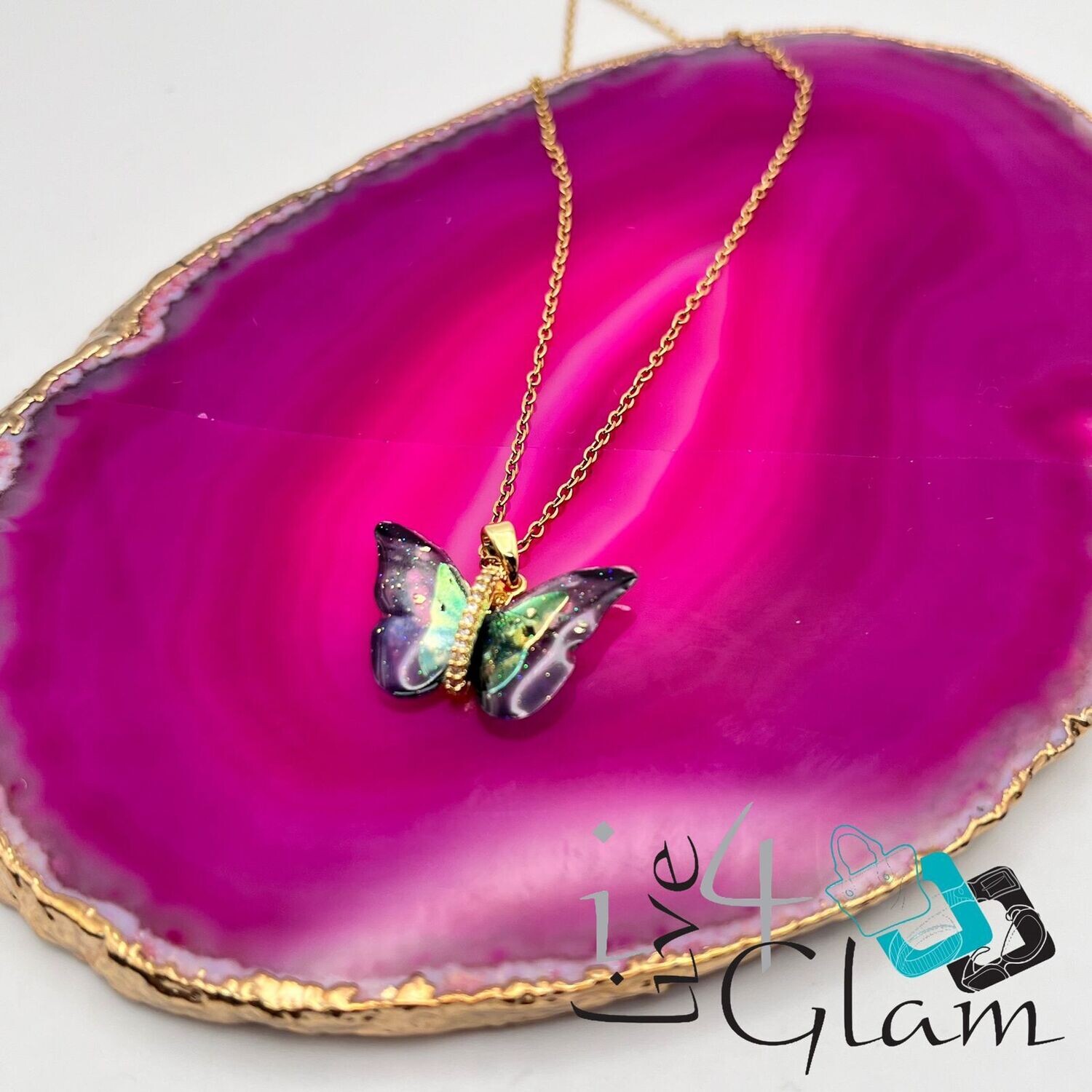 Stainless Steel Green Gradient Butterfly Necklace Gold