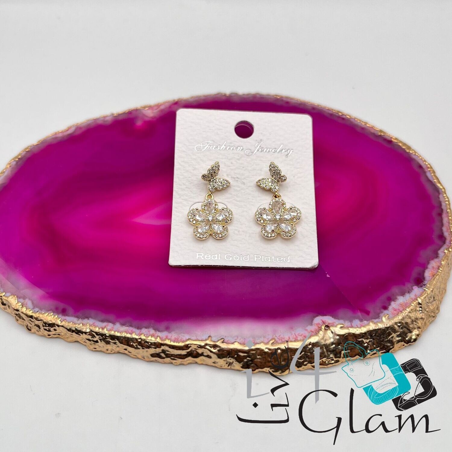 Clear Flower w Butterfly Earring Gold