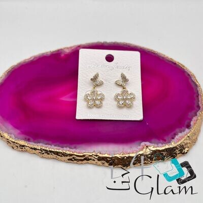 Clear Flower w Butterfly Earring Gold