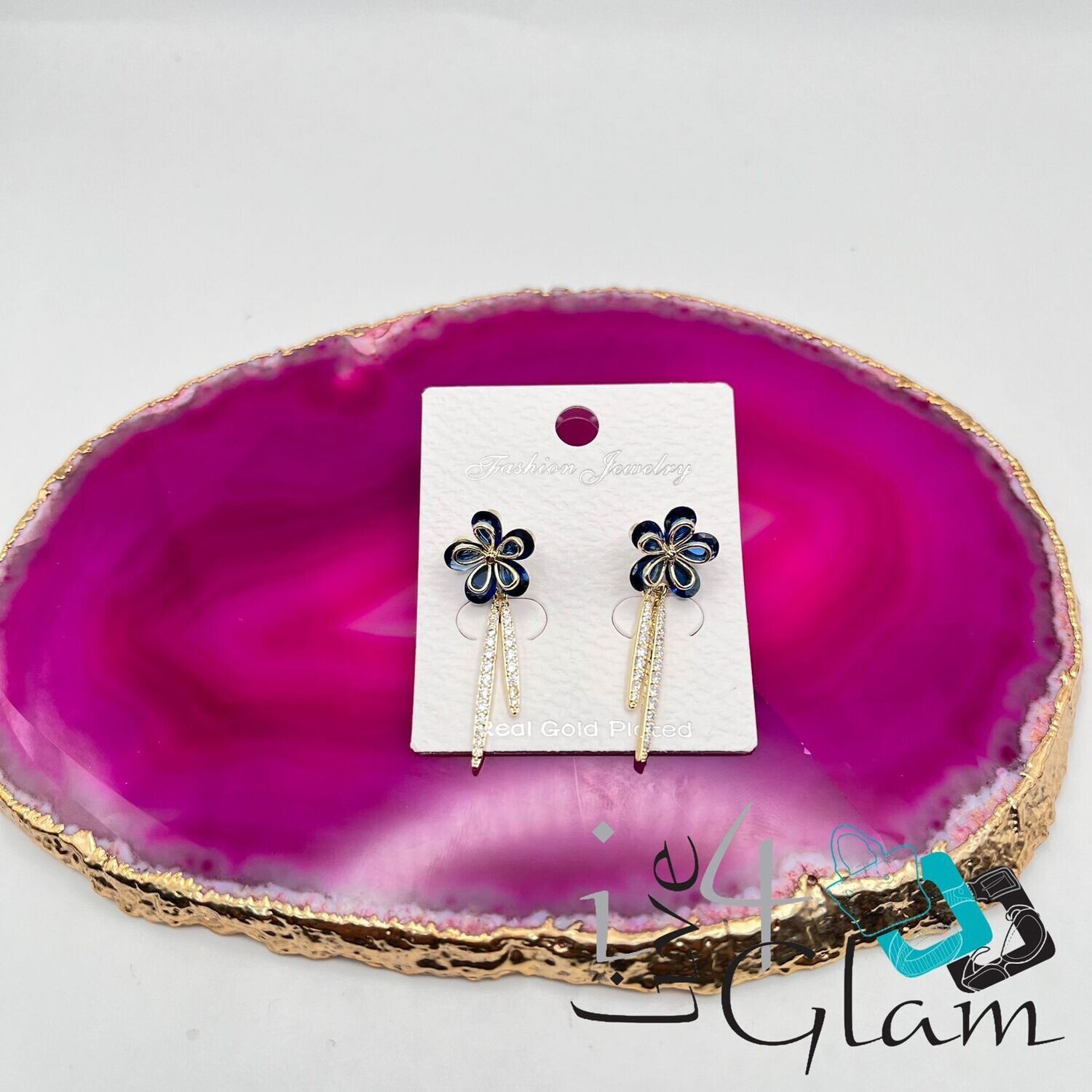 Navy Blue Flower Earring Gold