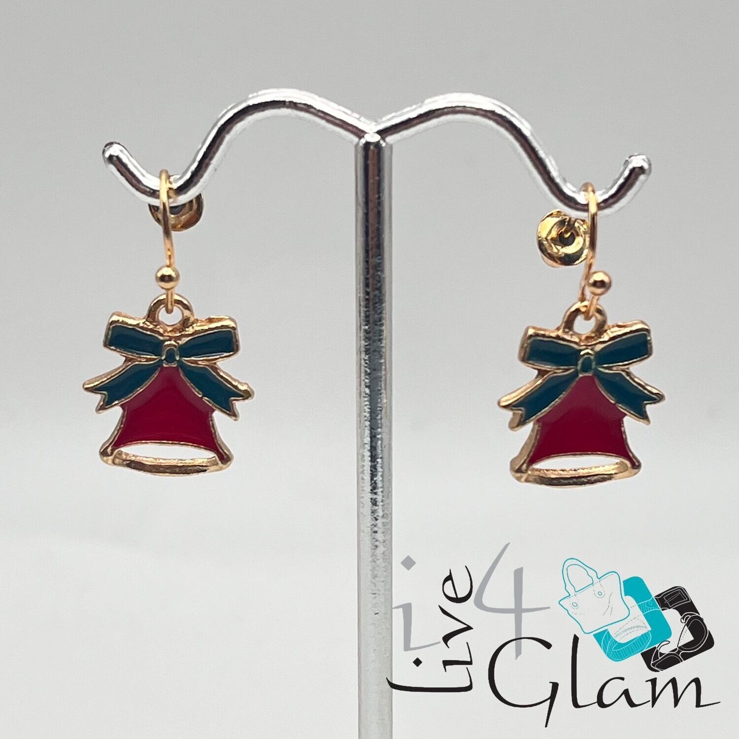 Christmas Hanging Earring Red Bell w Green Ribbon