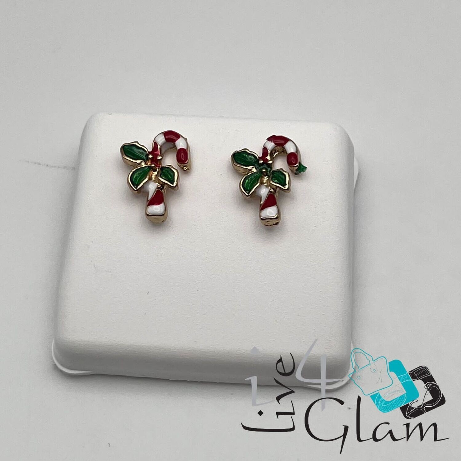 Christmas Stud Earring Red/White Candy Cane w Green Ribbon