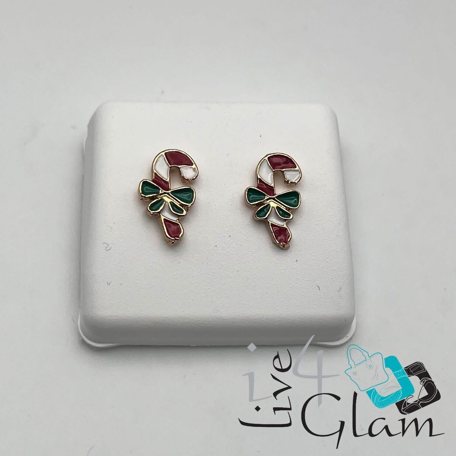 Christmas Stud Earring Red Candy Cane w Green Bow