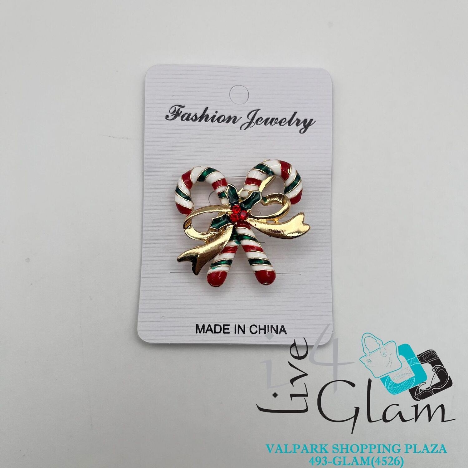 Christmas Broach Candy Cane w Gold Ribbon