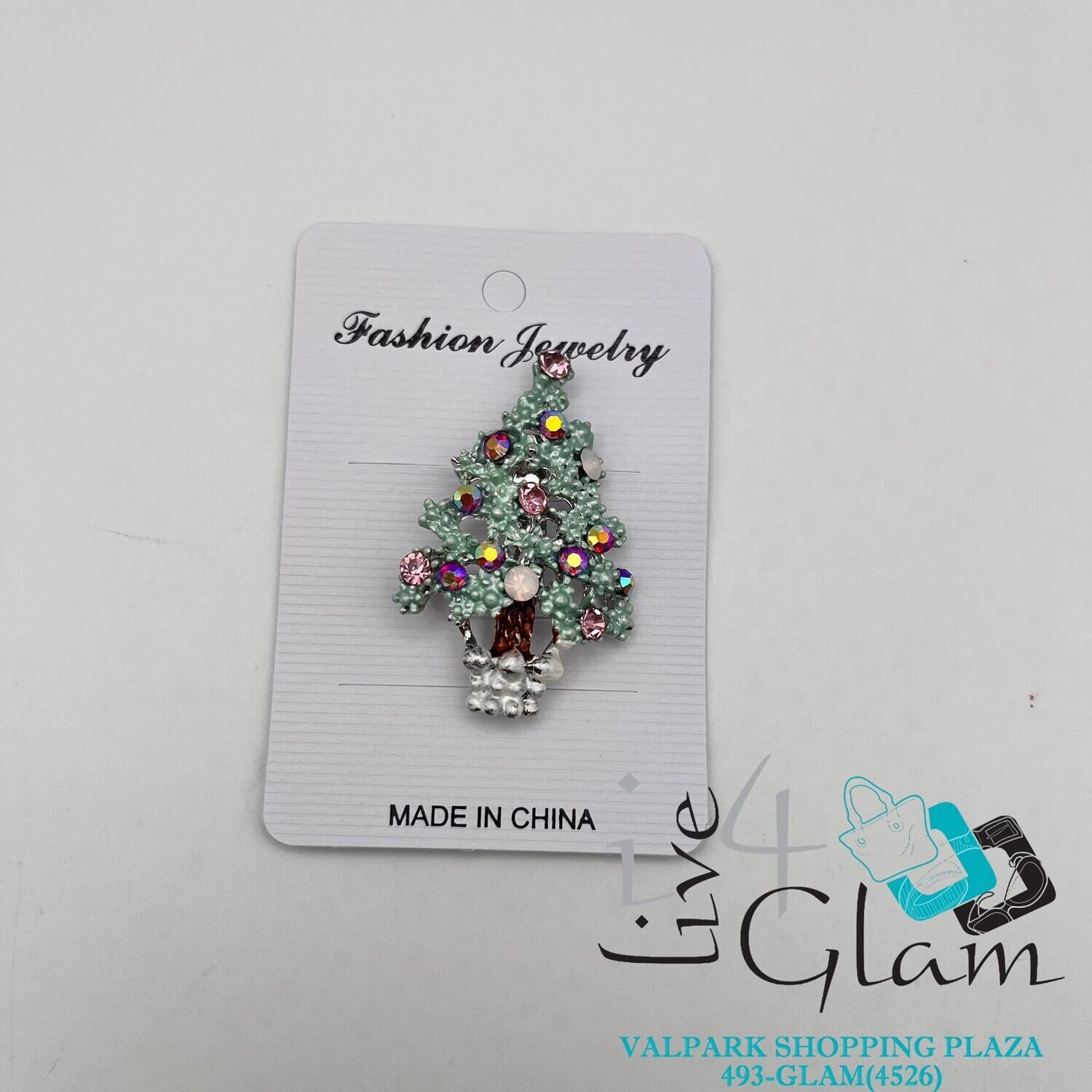 Christmas Broach Green Tree w Pink  Gems