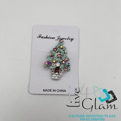 Christmas Broach Green Tree w Pink  Gems