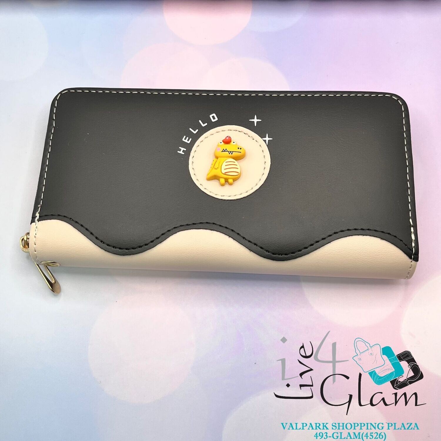 Women&#39;s Black/Beige Purse w Dinosaur
