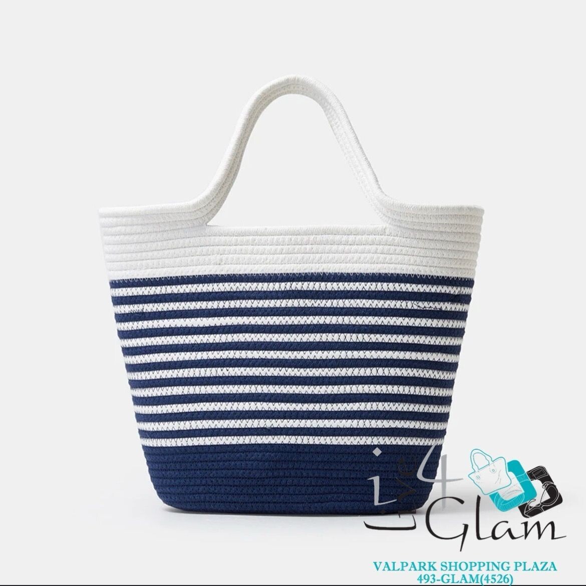 Woven Beach Bag, Color: Navy Blue Striped