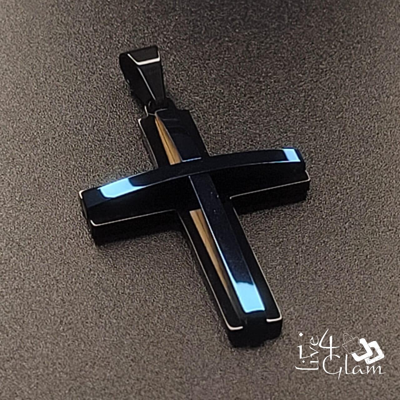 Stainless Steel  3D Blue/Black Cross Pendant
