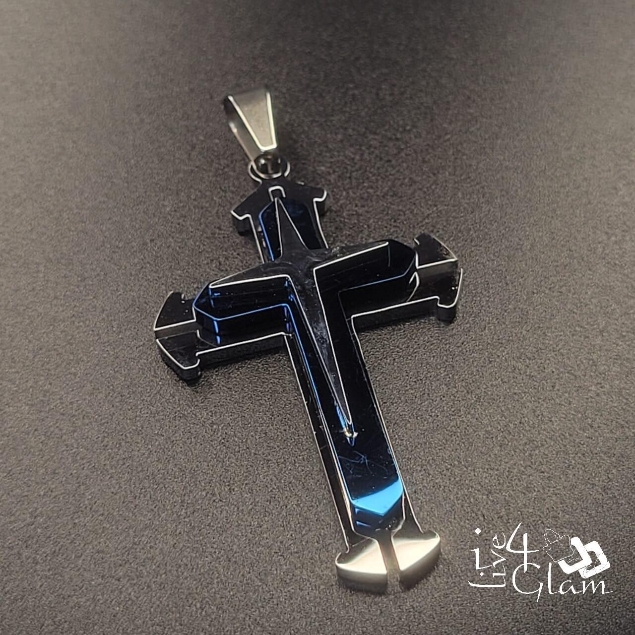 Stainless Steel Blue Two Tone Large Cross Pendant