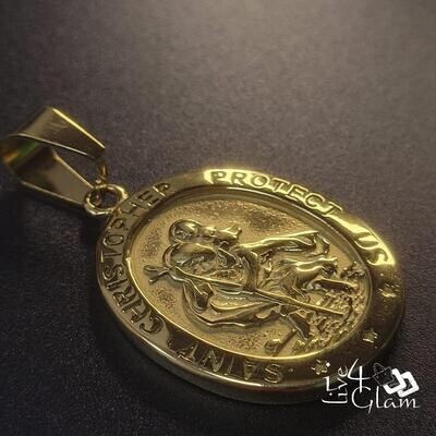 Stainless Steel Gold Oval St Christopher Pendant