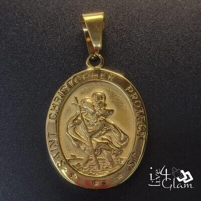 Stainless Steel Gold Oval St Christopher Pendant