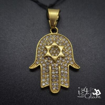 Stainless Steel Gold CZ Hamsa Hand Pendant