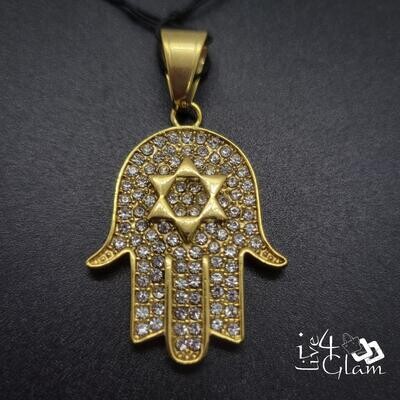 Stainless Steel Gold CZ Hamsa Hand Pendant