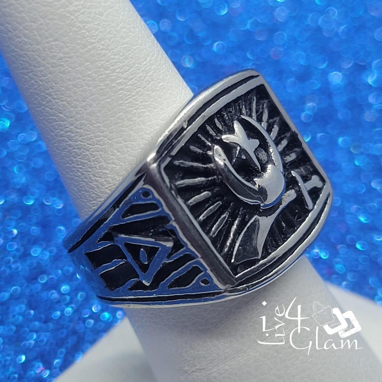 Stainless Steel Silver Moon  &amp; Star Masonic Ring