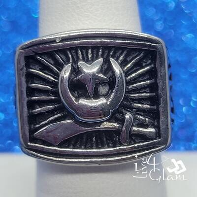 Stainless Steel Silver Moon  &amp; Star Masonic Ring