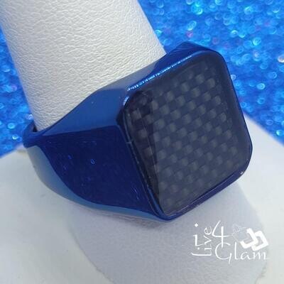 Stainless Steel Blue Carbon Fibre Pattern Ring