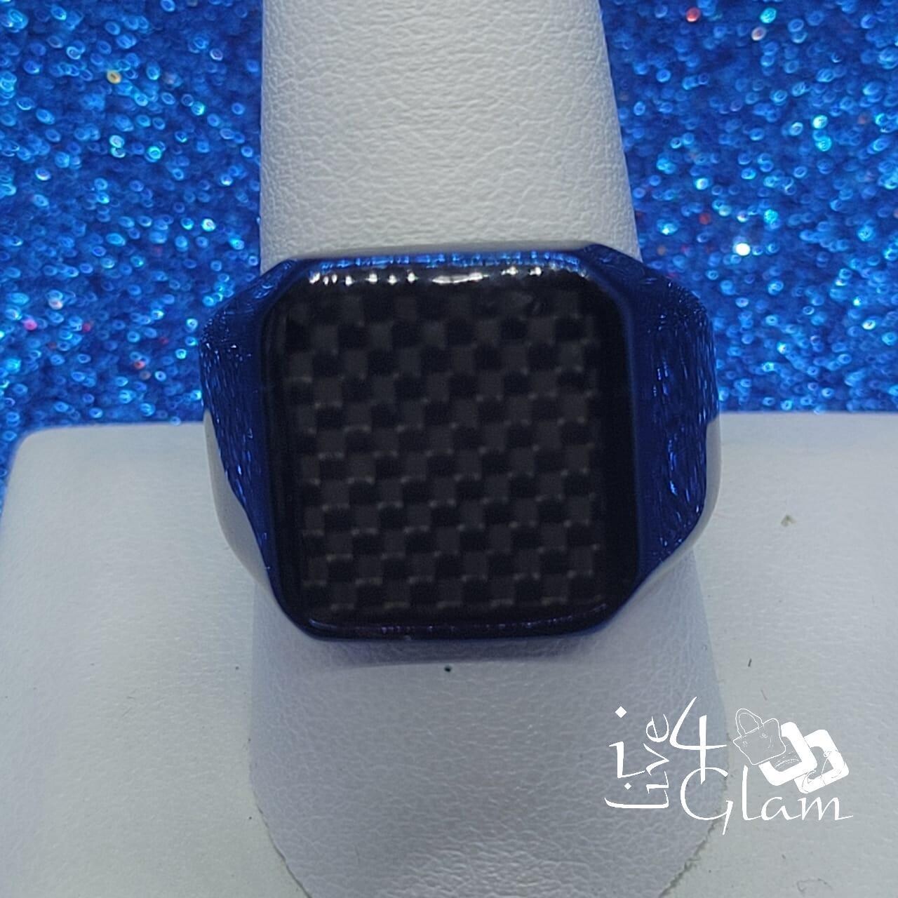 Stainless Steel Blue Carbon Fibre Pattern Ring