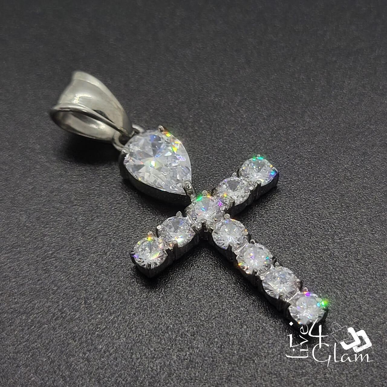 Stainless Steel Silver CZ Bling Tear Drop Cross Pendant